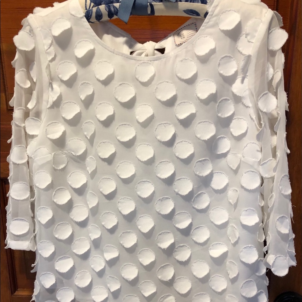 White polka dot blouse with 3/4 length sleeves.